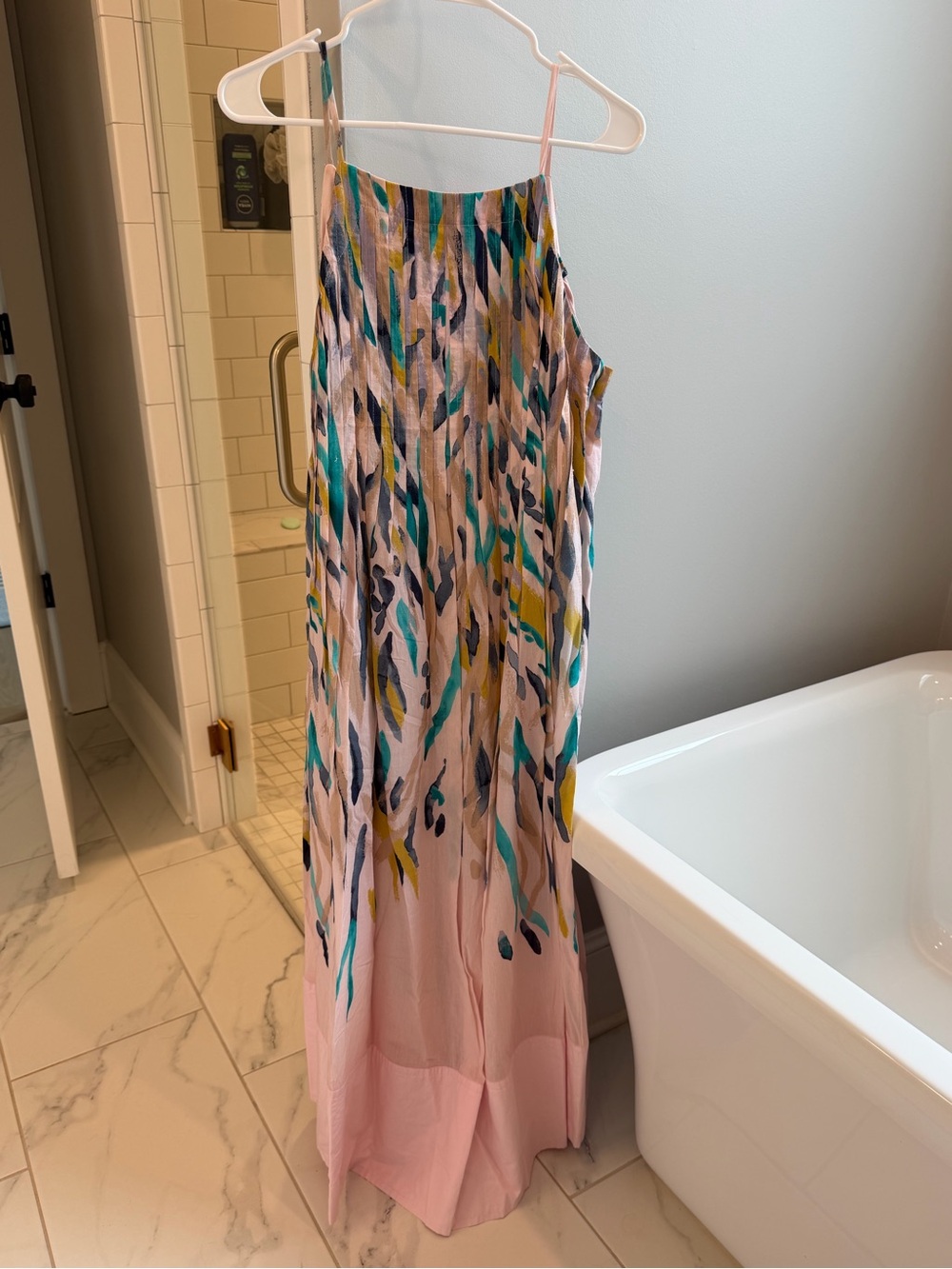 Anthropologie Pink Maxi Dress with Teal, Navy & Mustard Brushstroke Print